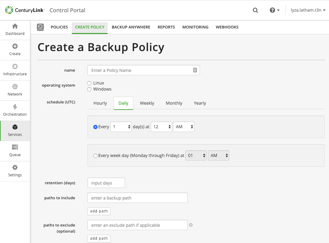 Screenshot of how to create a simple backup policy