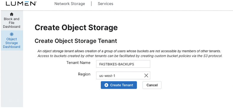 Create Object Storage Tenant Dialog