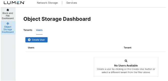 Object Storage Dashboard – No Users Available
