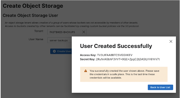 Object Storage User Created Successfully – Access Key and Secret Key message