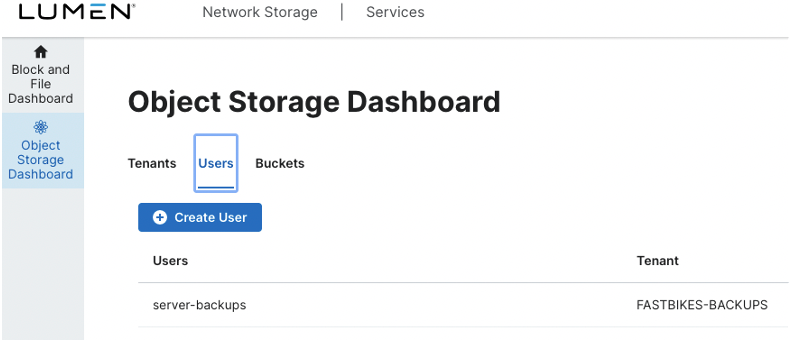 Object Storage Dashboard Users and Tenants List