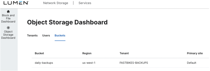 Lumen Network Storage Object Dashboard with the just-created new bucket listed, along with Region, Tenant, and Primary Site details