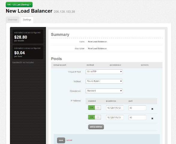 Pool options for load balancer