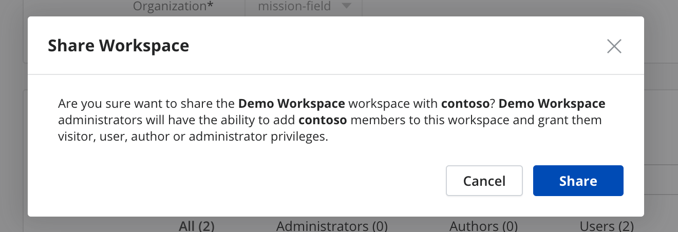 Confirm you want to share the team workspace