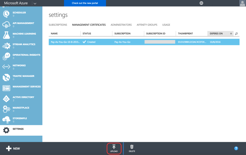 Azure Classic upload Cloud Application Manager certificate