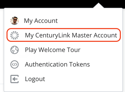 Lumen Cloud Master Account link in user menu dropdown