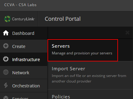 servers menu in control portal