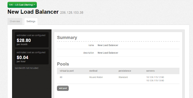Summary screen with the load balancer VIP and one pool configured