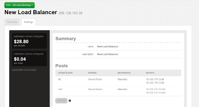 Summary screen for the load balancer with two pools configured