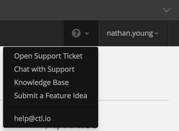 Screenshot of the support options in the new Control Portal navigation bar