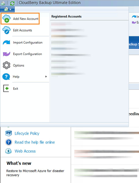 Cloudberry Backup Ultimate Edition, main menu, select Add New Account