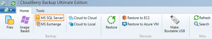 MS SQL Server icon highlighted on Home tab